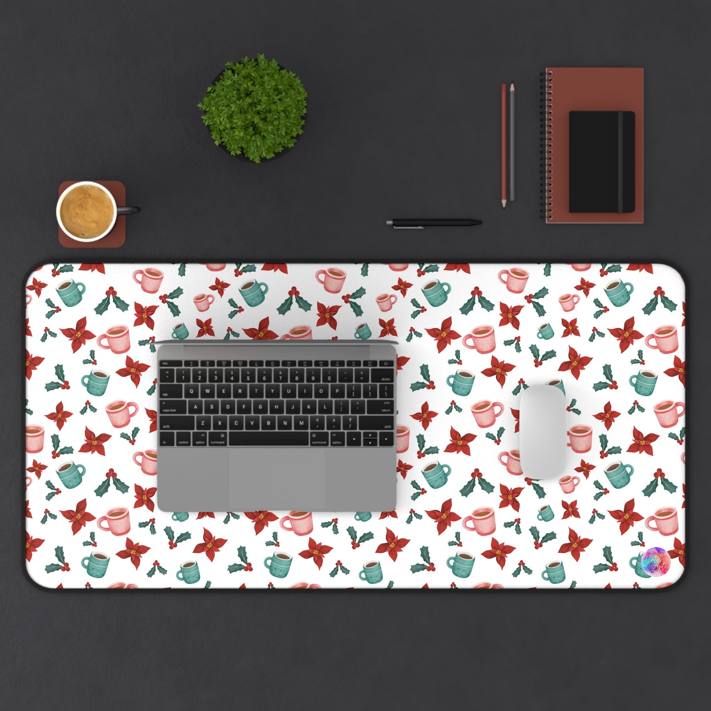 Christmas Desk Mat, Holiday Office Decor, Aesthetic Mousepad, Winter Mouse Pad, Xmas Poinsettia Table Mat