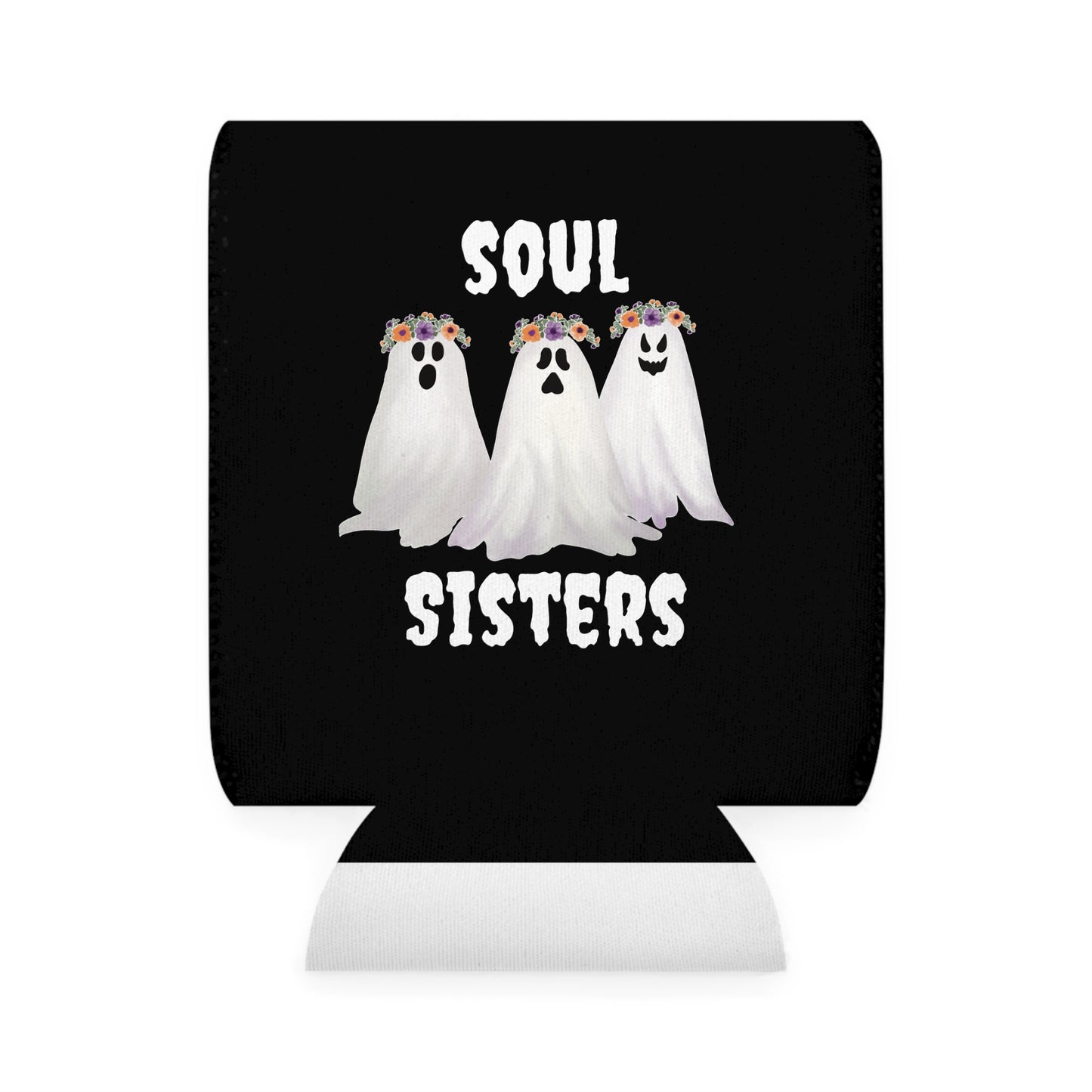 Soul Sisters Can Cooler Sleeve - Ghost Floral Drink Holder, Beer Hugger, Beverage Insulator, Wedding Favor, Bachelorette Party Gift