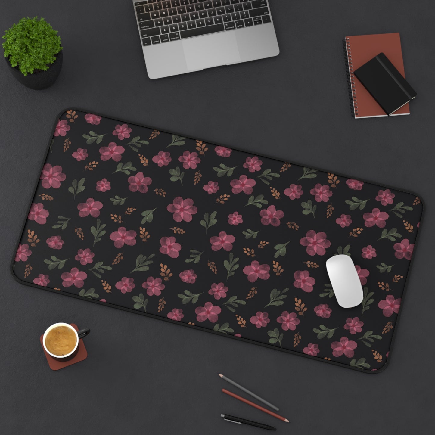 Black Floral Desk Mat, Floral Mouse Pad, Aesthetic Pink and Black Floral Desk Mat