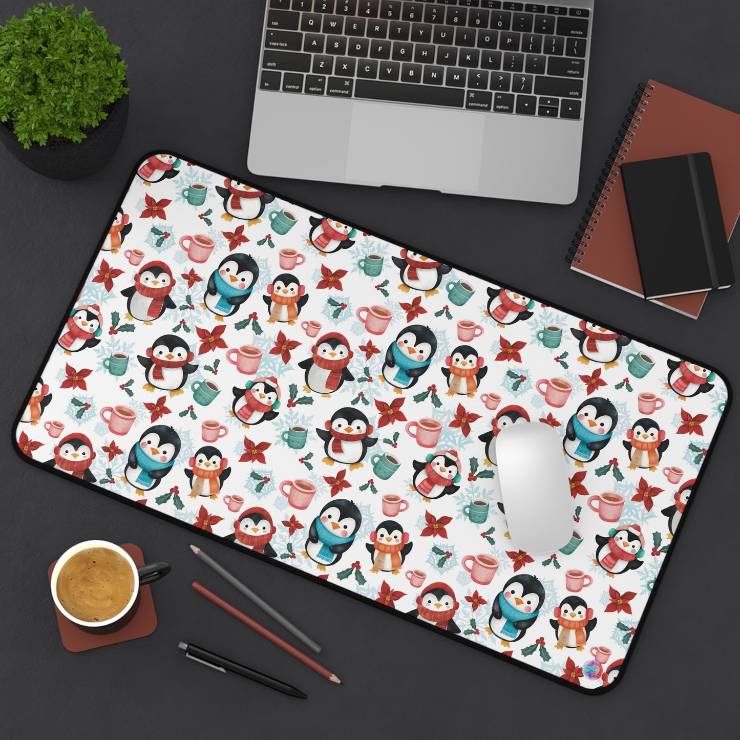 Christmas Desk Mat, Cozy Penguins Holiday Office Decor, Cute Winter Penguin Work Desk Accessory, Festive Mouse Pad, Stocking Stuffer