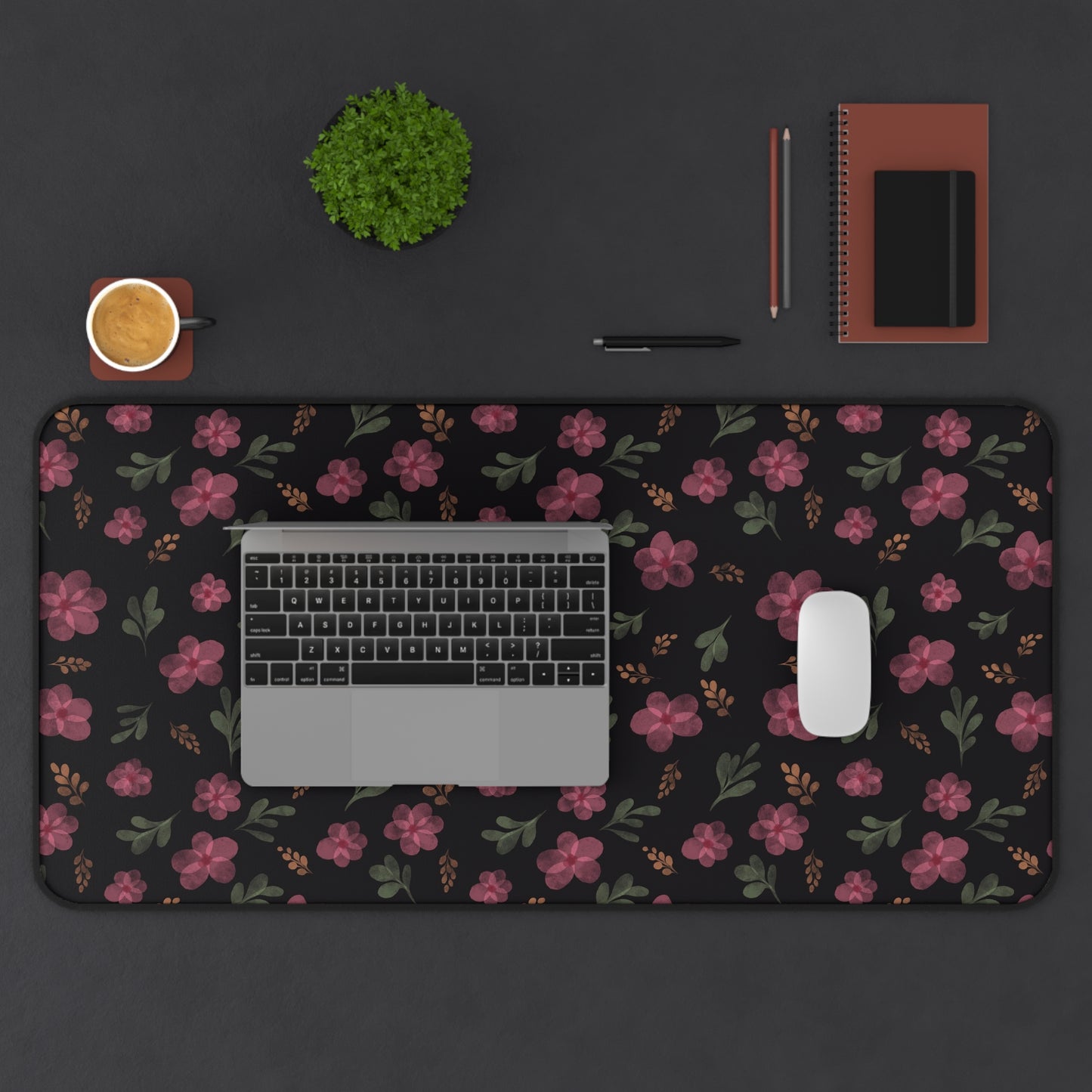 Black Floral Desk Mat, Floral Mouse Pad, Aesthetic Pink and Black Floral Desk Mat