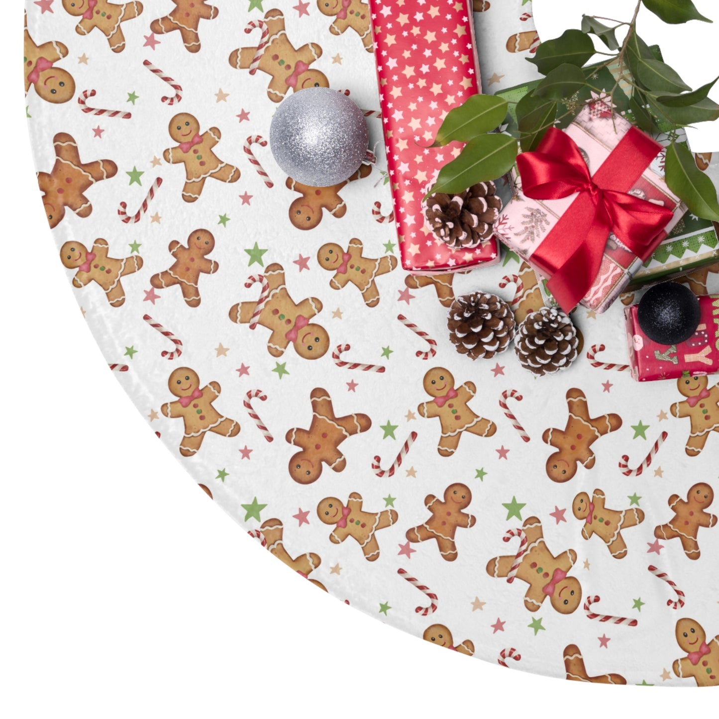Christmas Tree Skirt, Gingerbread and Candy Cane Christmas Decor, Holiday Tree Mat, Christmas Tree Mat