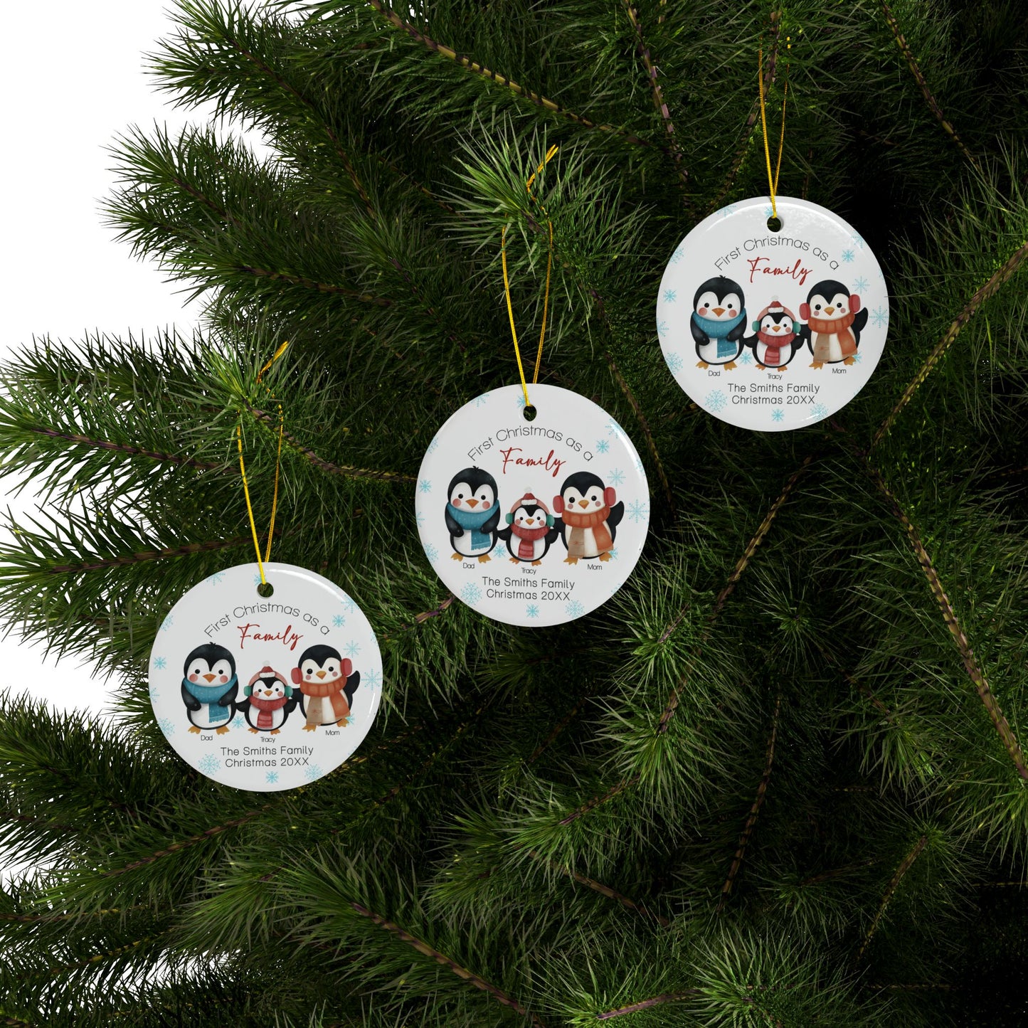 Ceramic Ornaments, Christmas Ornaments, First Christmas as a Family, Cute Penguins Illustration, Christmas Tree Decor, Holiday Ornament,