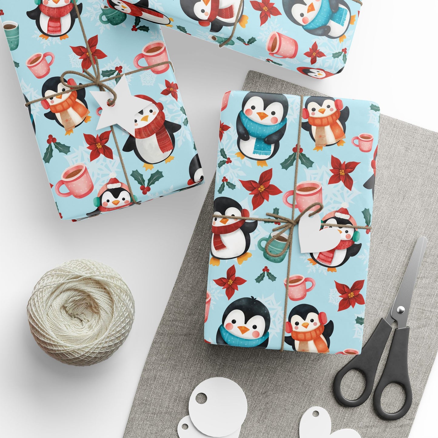 Christmas Wrapping Papers, Penguins and Snowflakes Gift Wrap, Holiday Gift Packaging, Festive Gift Wrap, Wrapping Paper Sheets, Cute