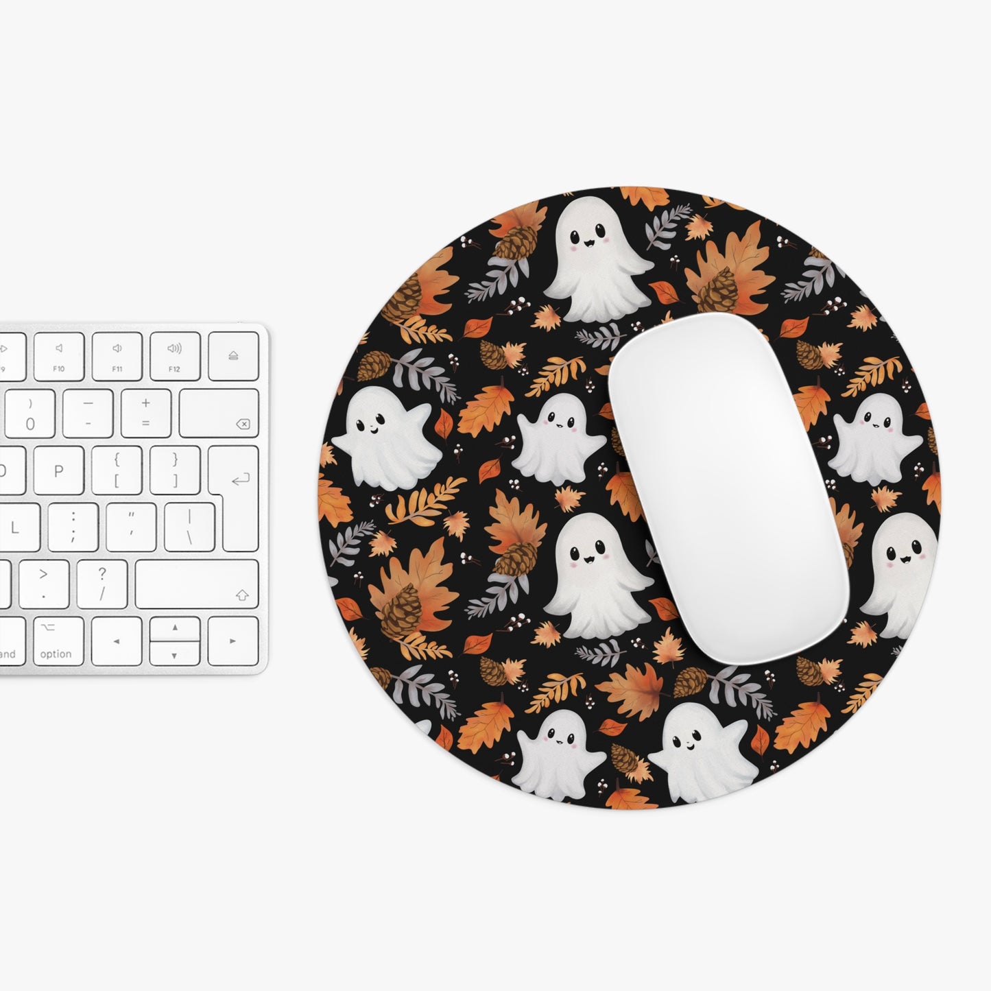 Ghost and Autumn Leaves Halloween Mouse Pad