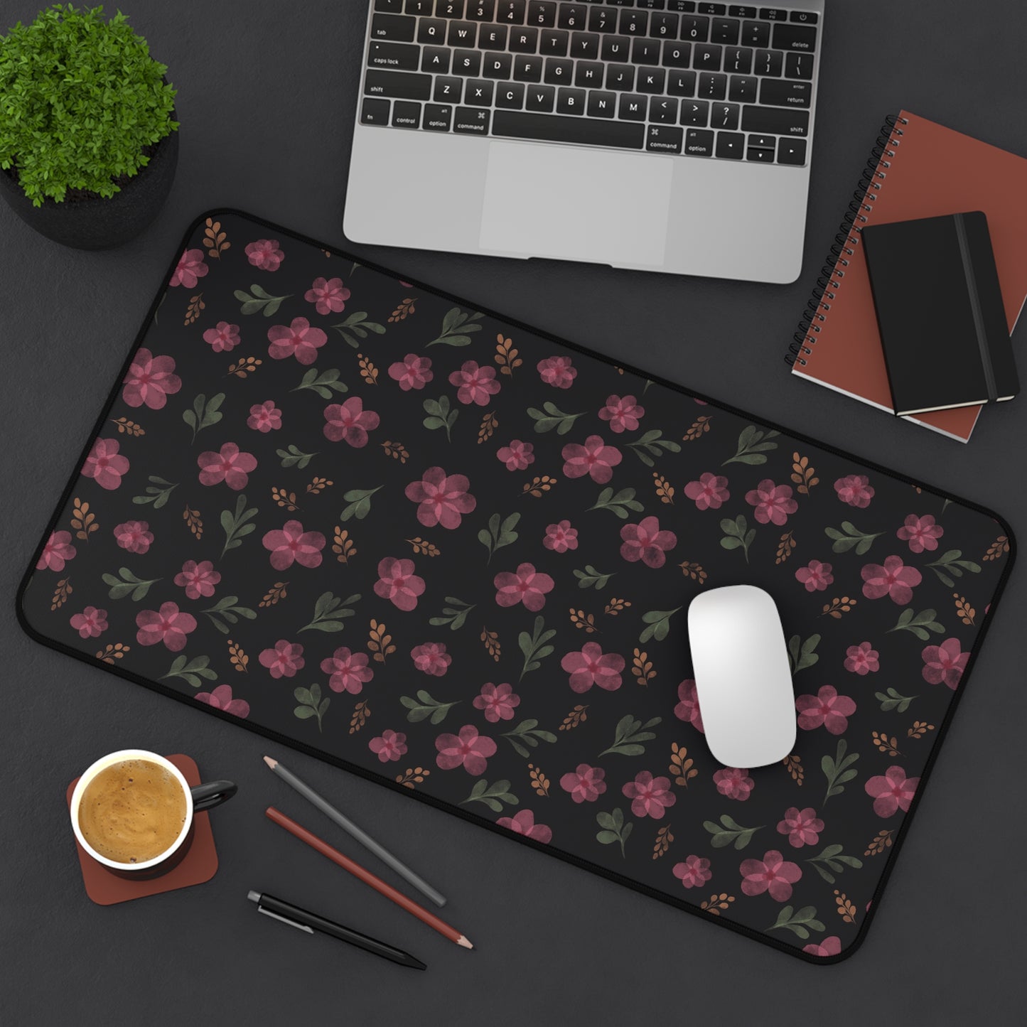 Black Floral Desk Mat, Floral Mouse Pad, Aesthetic Pink and Black Floral Desk Mat