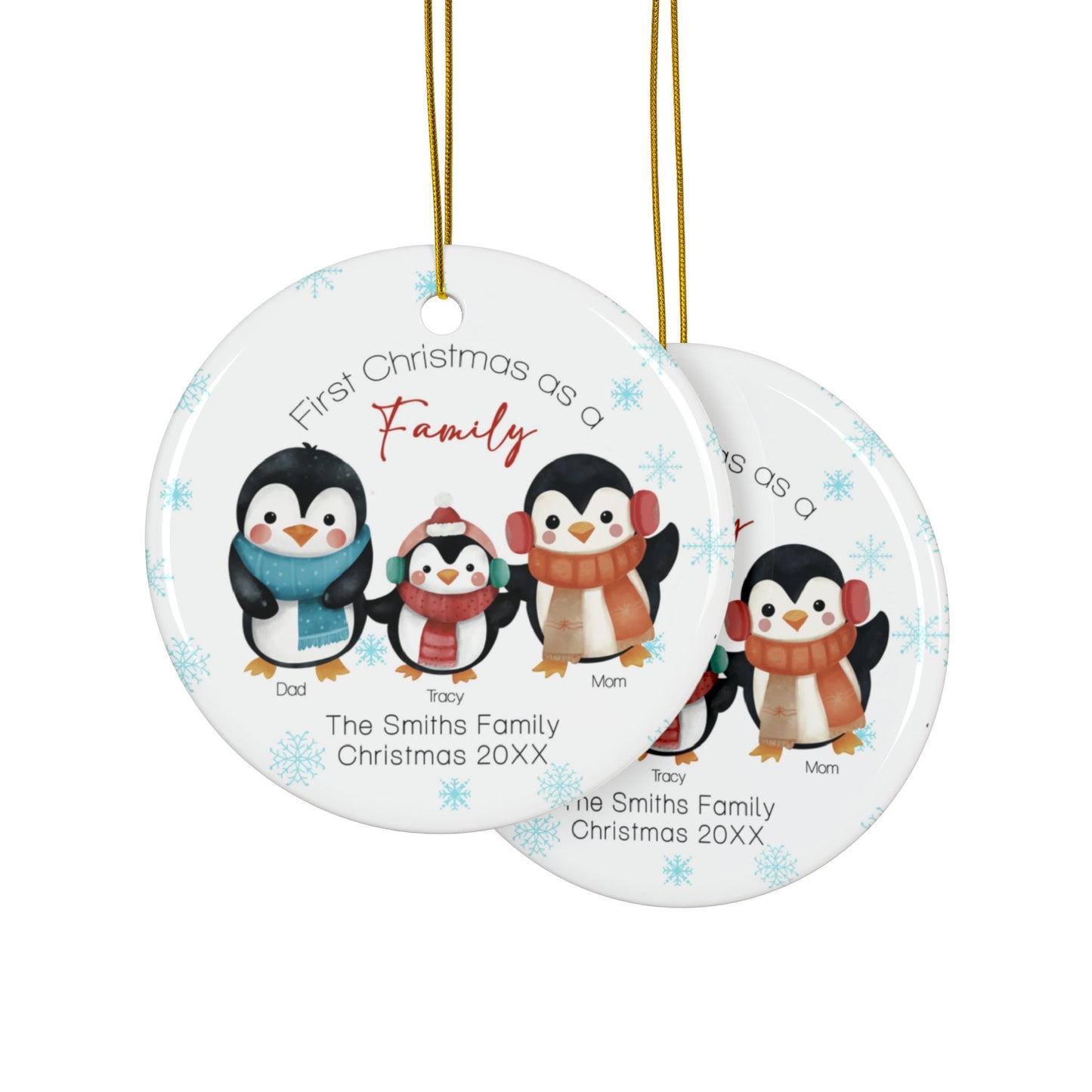 Ceramic Ornaments, Christmas Ornaments, First Christmas as a Family, Cute Penguins Illustration, Christmas Tree Decor, Holiday Ornament,