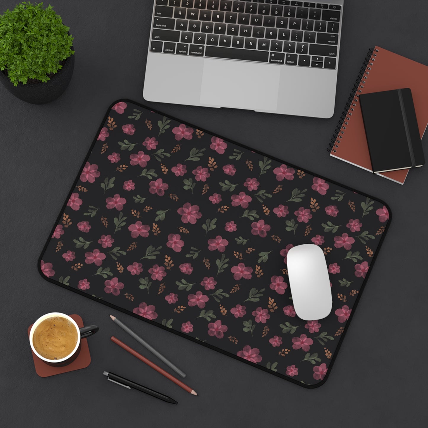 Black Floral Desk Mat, Floral Mouse Pad, Aesthetic Pink and Black Floral Desk Mat
