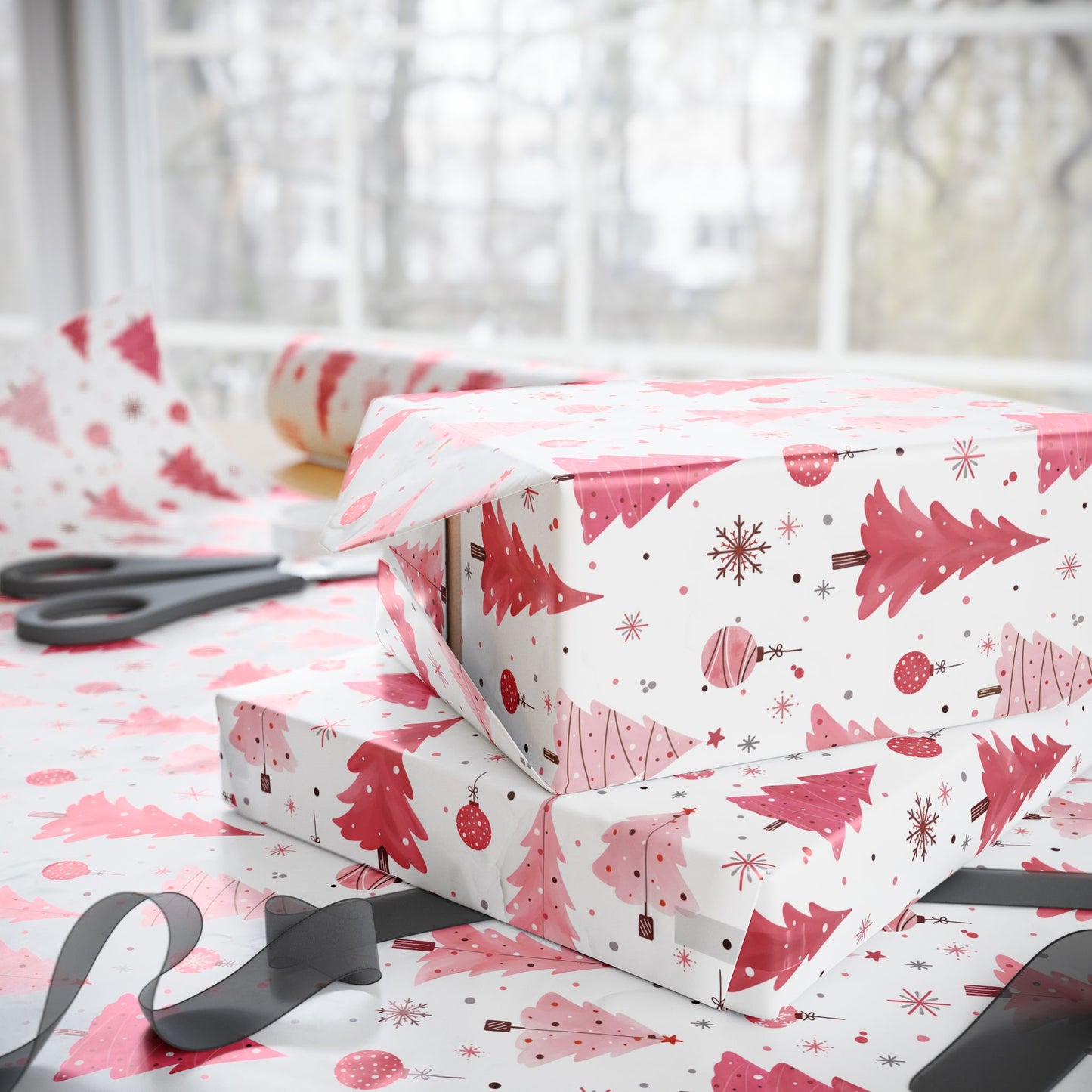 Wrapping Paper, Pink Christmas Theme Paper Wrap, Pink Winter Decorations - Festive Gift Wrap, Holiday Wrapping Sheets, Xmas Packaging
