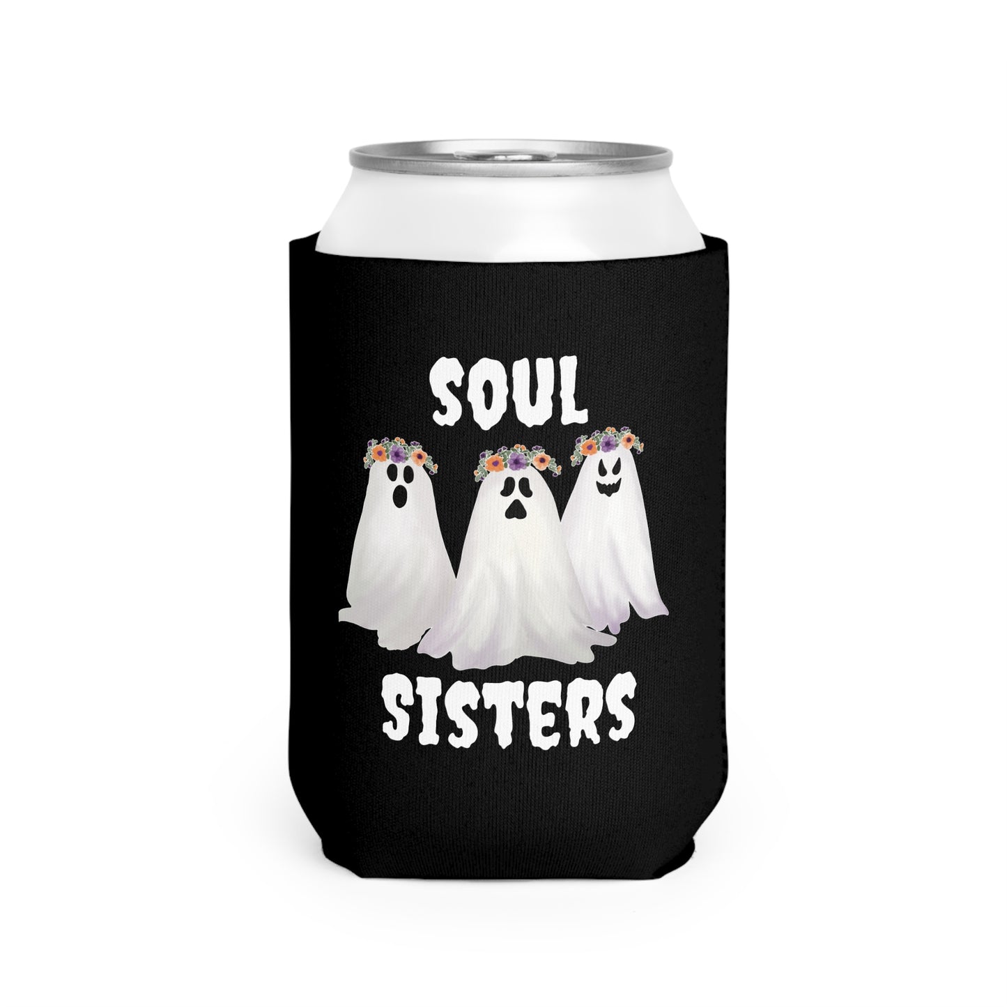 Soul Sisters Can Cooler Sleeve - Ghost Floral Drink Holder, Beer Hugger, Beverage Insulator, Wedding Favor, Bachelorette Party Gift