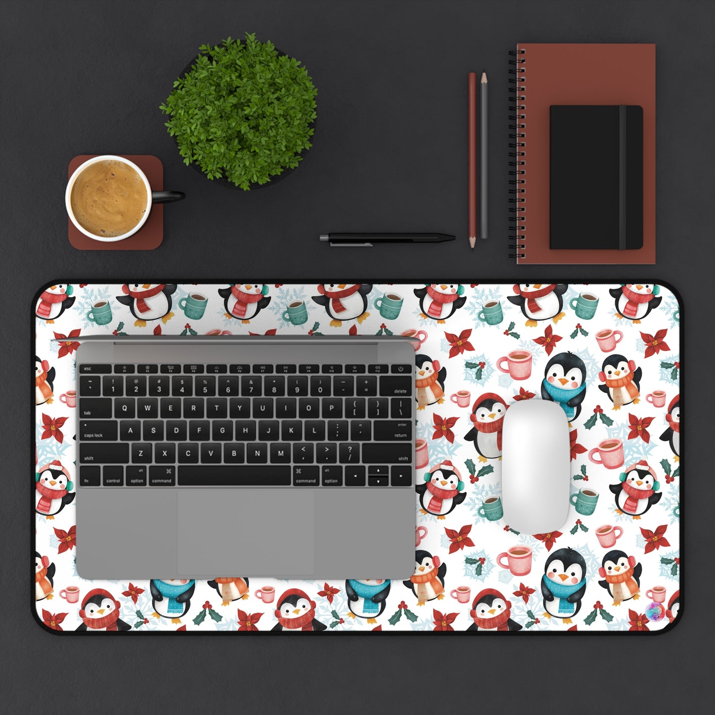 Christmas Desk Mat, Cozy Penguins Holiday Office Decor, Cute Winter Penguin Work Desk Accessory, Festive Mouse Pad, Stocking Stuffer