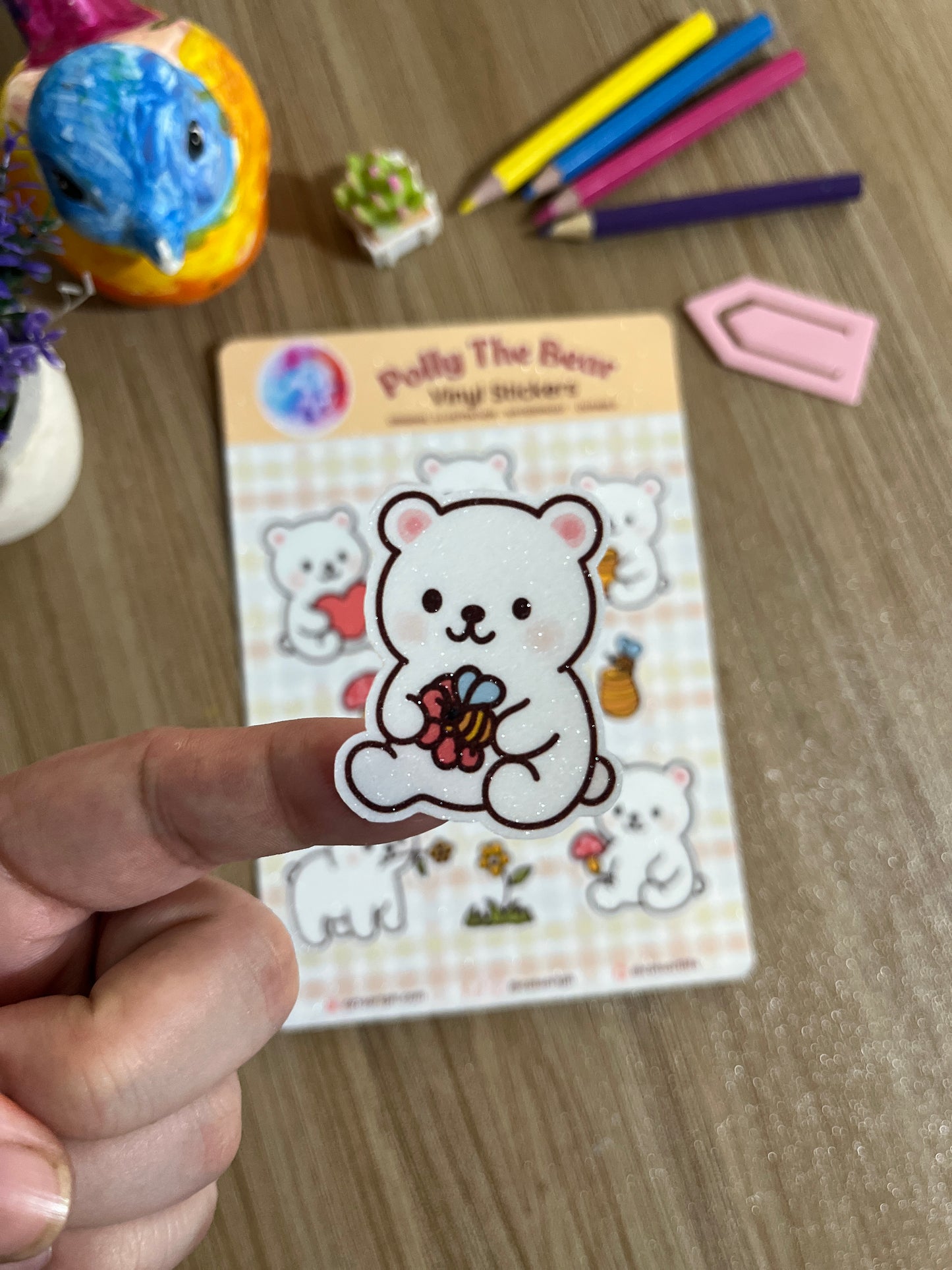 Polly the Bear Vinyl Sticker Sheet – Glossy, Matte & Glitter Options | 18 Kiss-Cut Stickers