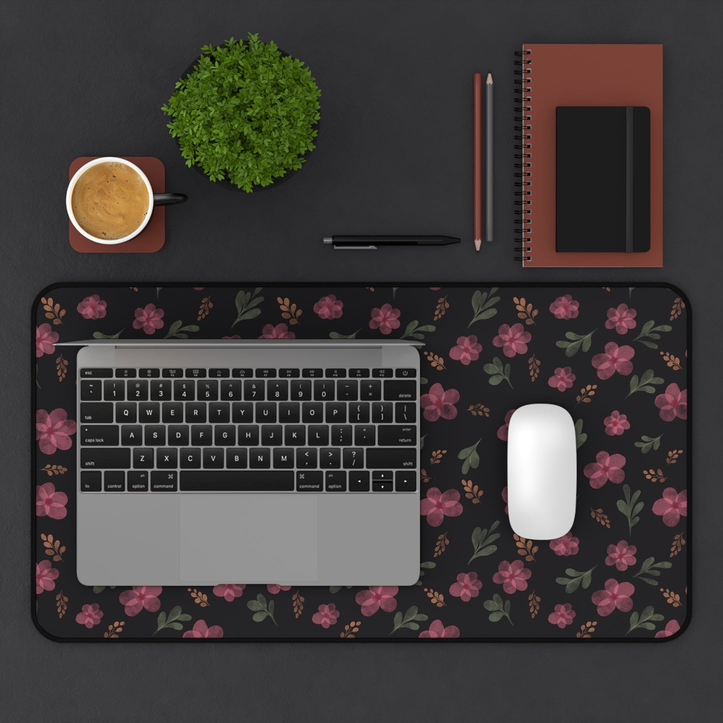 Black Floral Desk Mat, Floral Mouse Pad, Aesthetic Pink and Black Floral Desk Mat