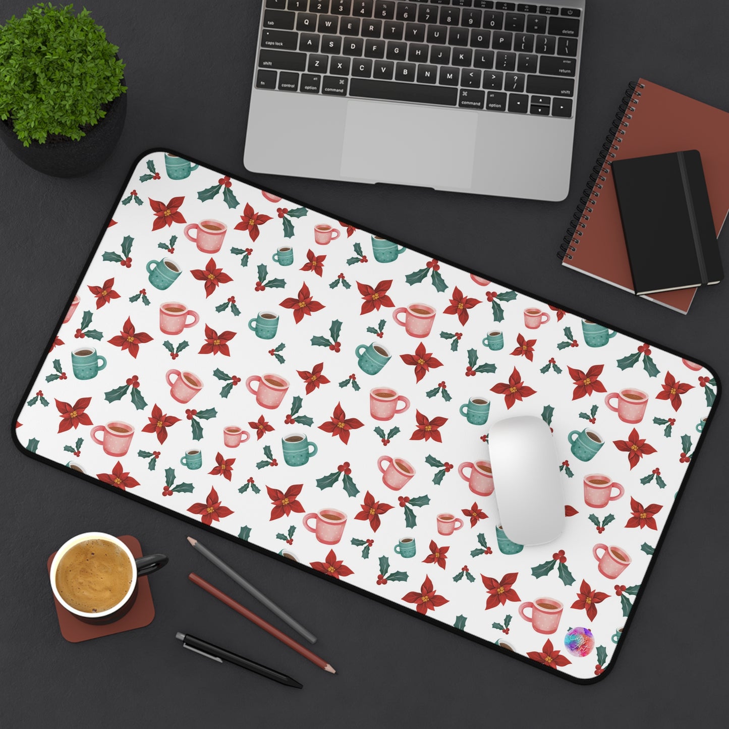 Christmas Desk Mat, Holiday Office Decor, Aesthetic Mousepad, Winter Mouse Pad, Xmas Poinsettia Table Mat