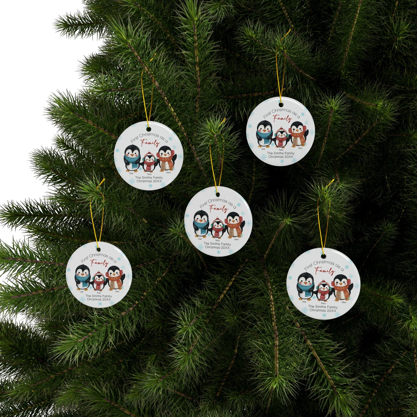 Ceramic Ornaments, Christmas Ornaments, First Christmas as a Family, Cute Penguins Illustration, Christmas Tree Decor, Holiday Ornament,