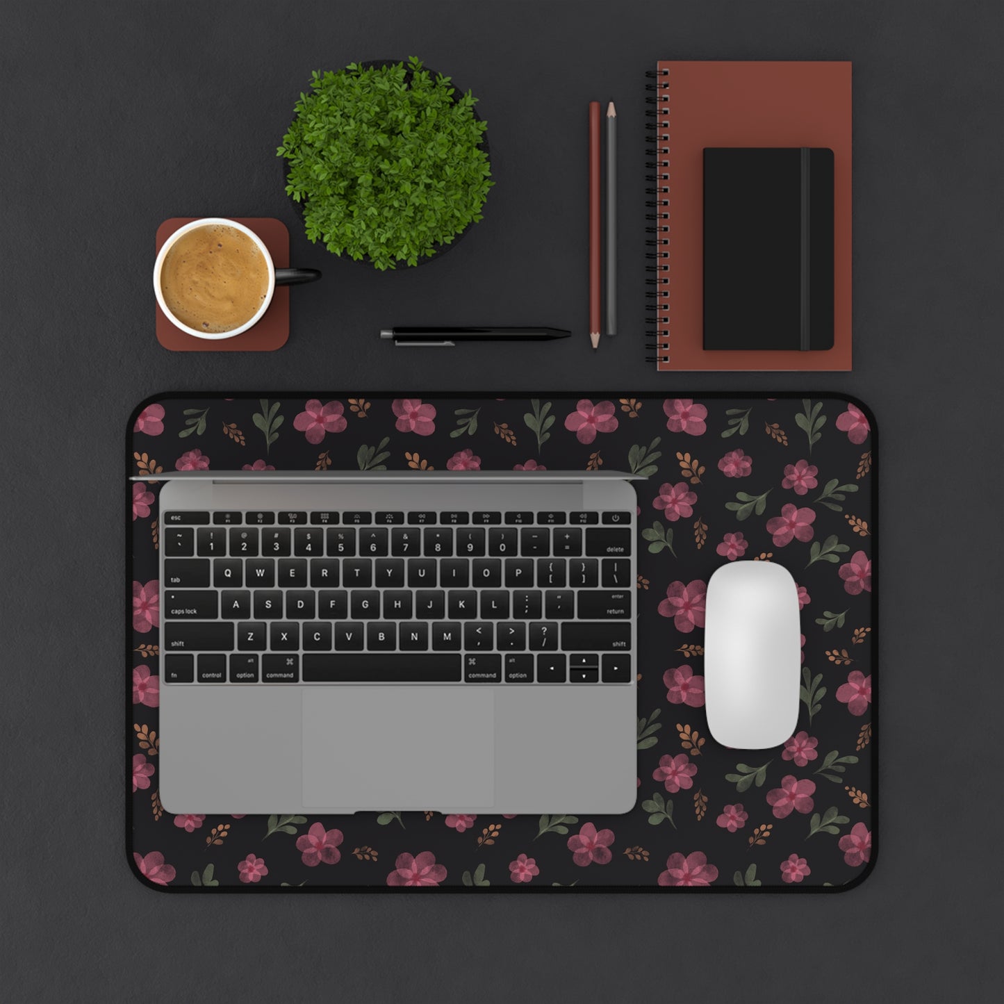 Black Floral Desk Mat, Floral Mouse Pad, Aesthetic Pink and Black Floral Desk Mat