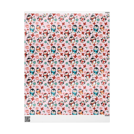 Pink Christmas Penguin Wrapping Papers, Holiday Gift Wrap, Cute Snowflake Decor, Festive Gift Packaging, Xmas Present Wrap