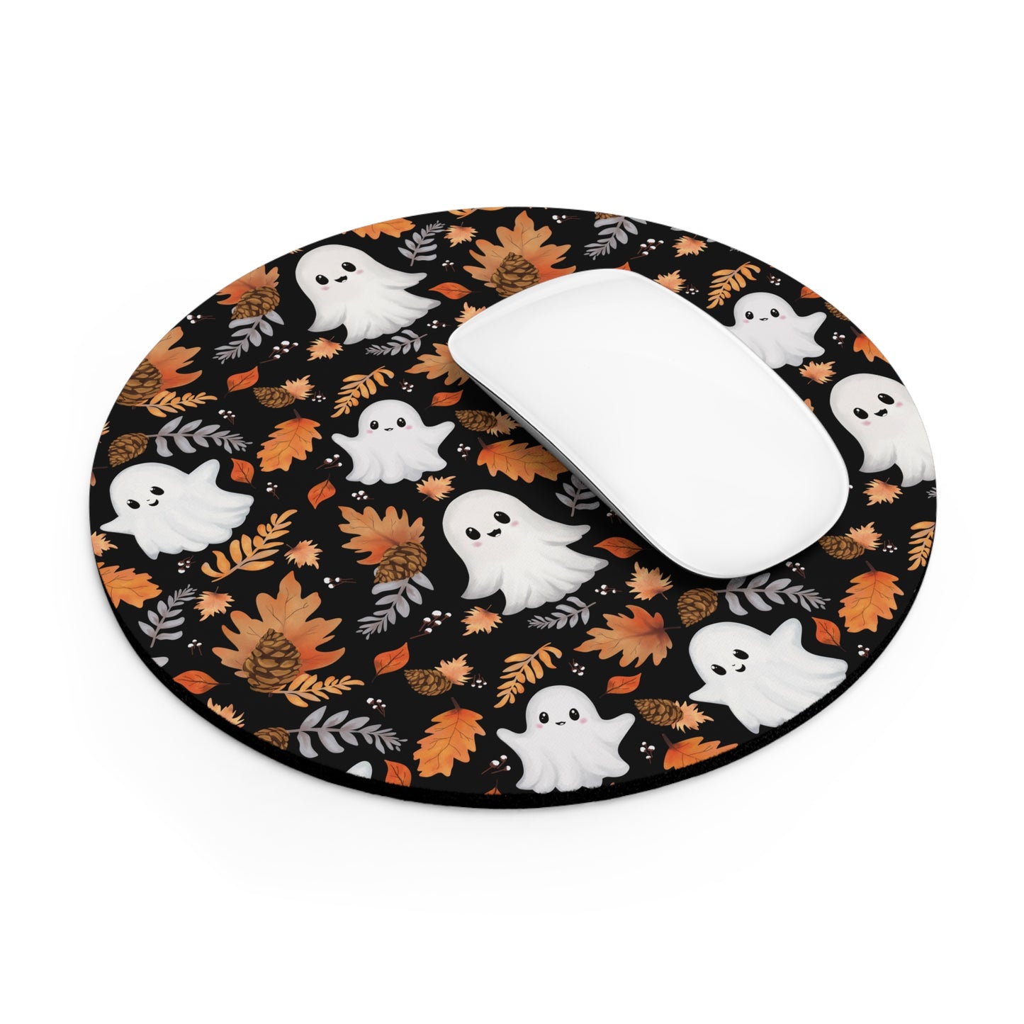 Ghost and Autumn Leaves Halloween Mouse Pad