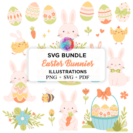 Easter Bunnies SVG, PNG Clipart | Cute Easter Bunny, Eggs, Spring Floral Digital Download