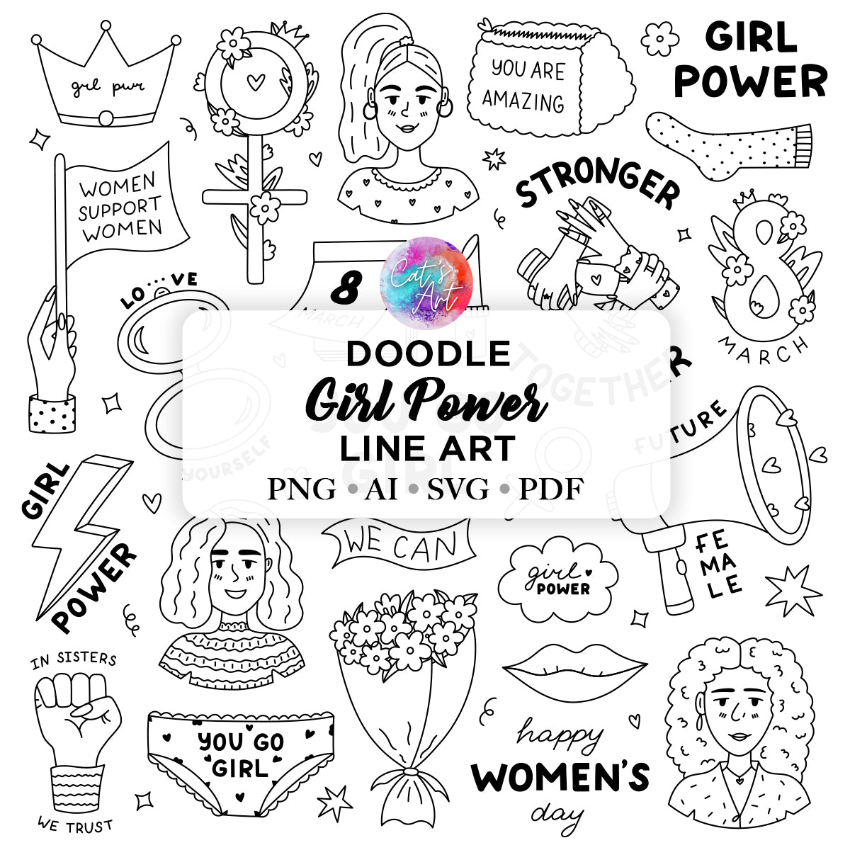 Line Art Women's Day SVG, PNG, Girl Power
