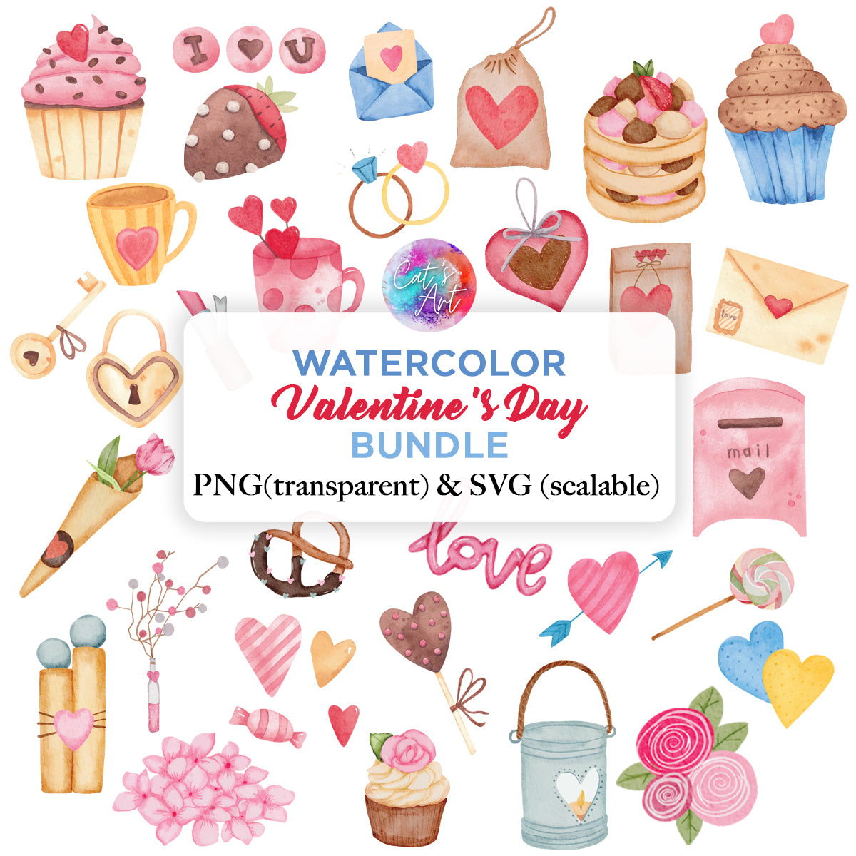 Valentine's Day SVG & PNG Bundle, Watercolor POD Designs