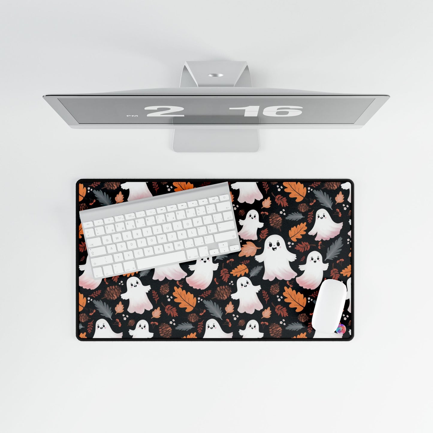 Mouse Pad, Fall Halloween Desk Mat with Autumn Leaves and Cute Happy Ghosts, Seasonal Office Decor, Autumn Desk Pad, Halloween Mousepad,