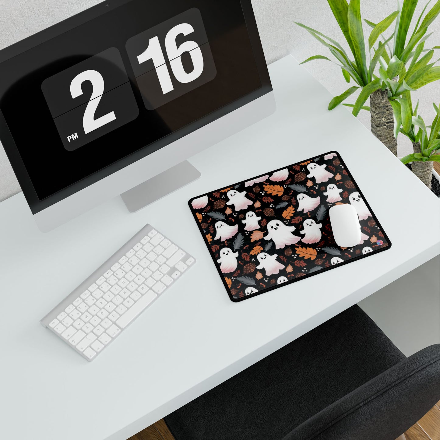 Mouse Pad, Fall Halloween Desk Mat with Autumn Leaves and Cute Happy Ghosts, Seasonal Office Decor, Autumn Desk Pad, Halloween Mousepad,