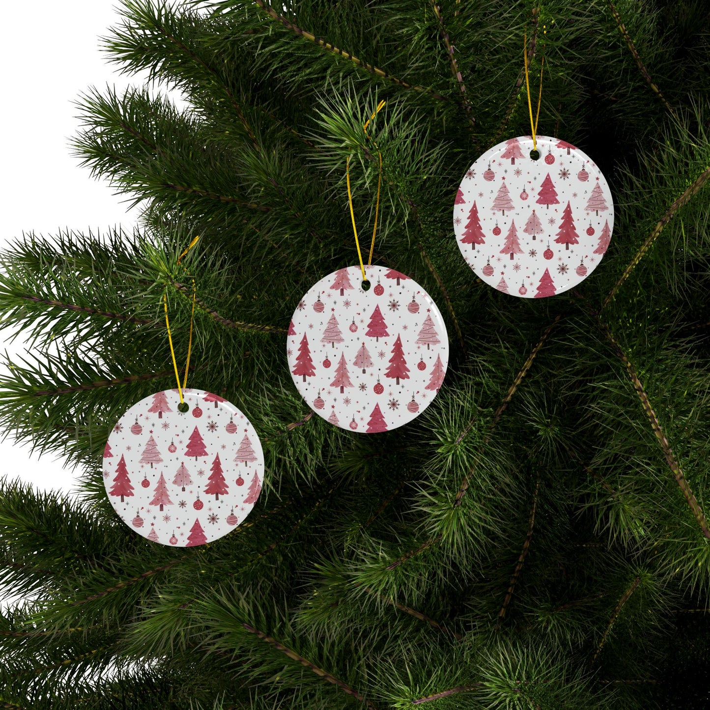 Christmas Ceramic Ornaments, Pink Theme Christmas Tree Ornaments, 2-Sided Print, Christmas Decor, Holiday Decoration