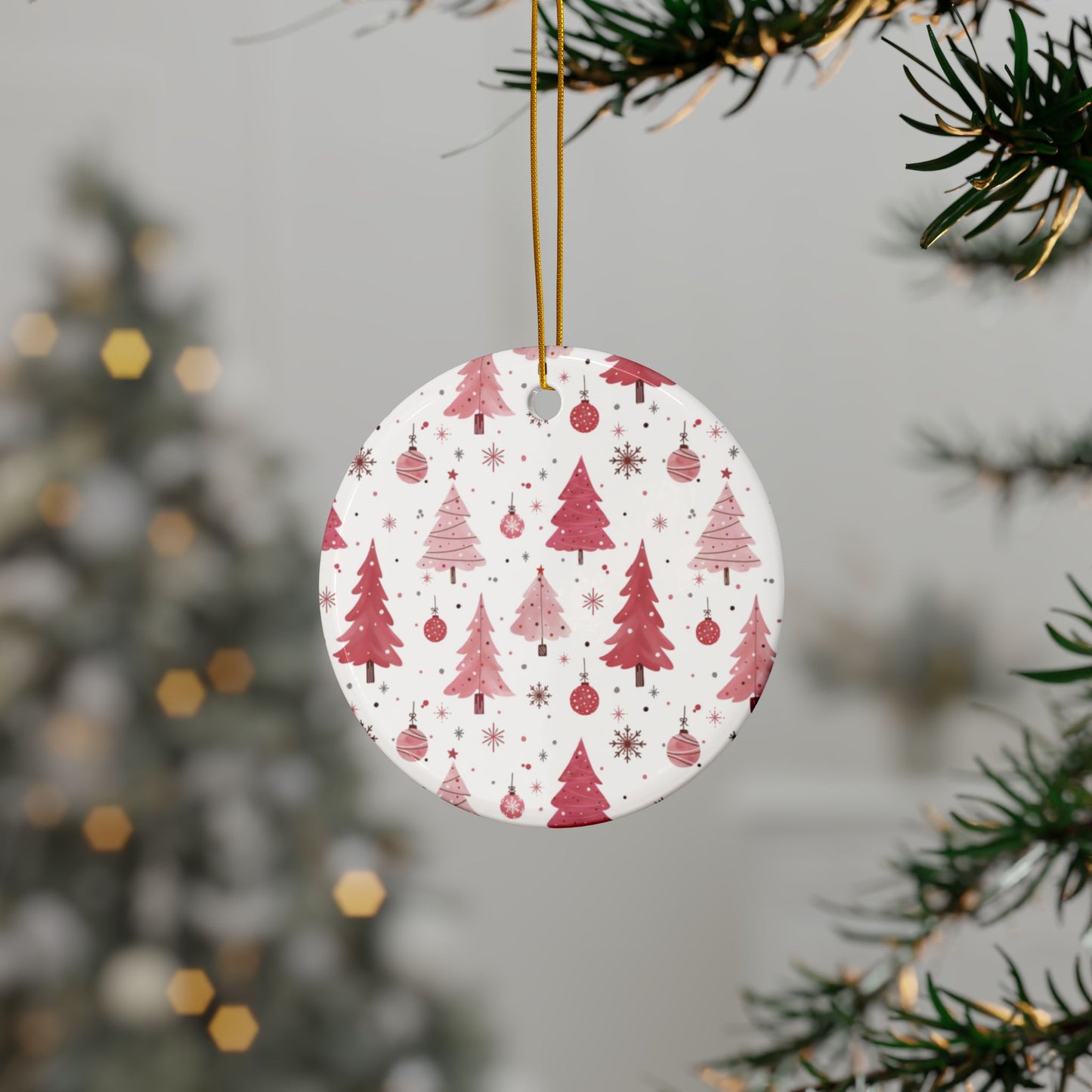 Christmas Ceramic Ornaments, Pink Theme Christmas Tree Ornaments, 2-Sided Print, Christmas Decor, Holiday Decoration