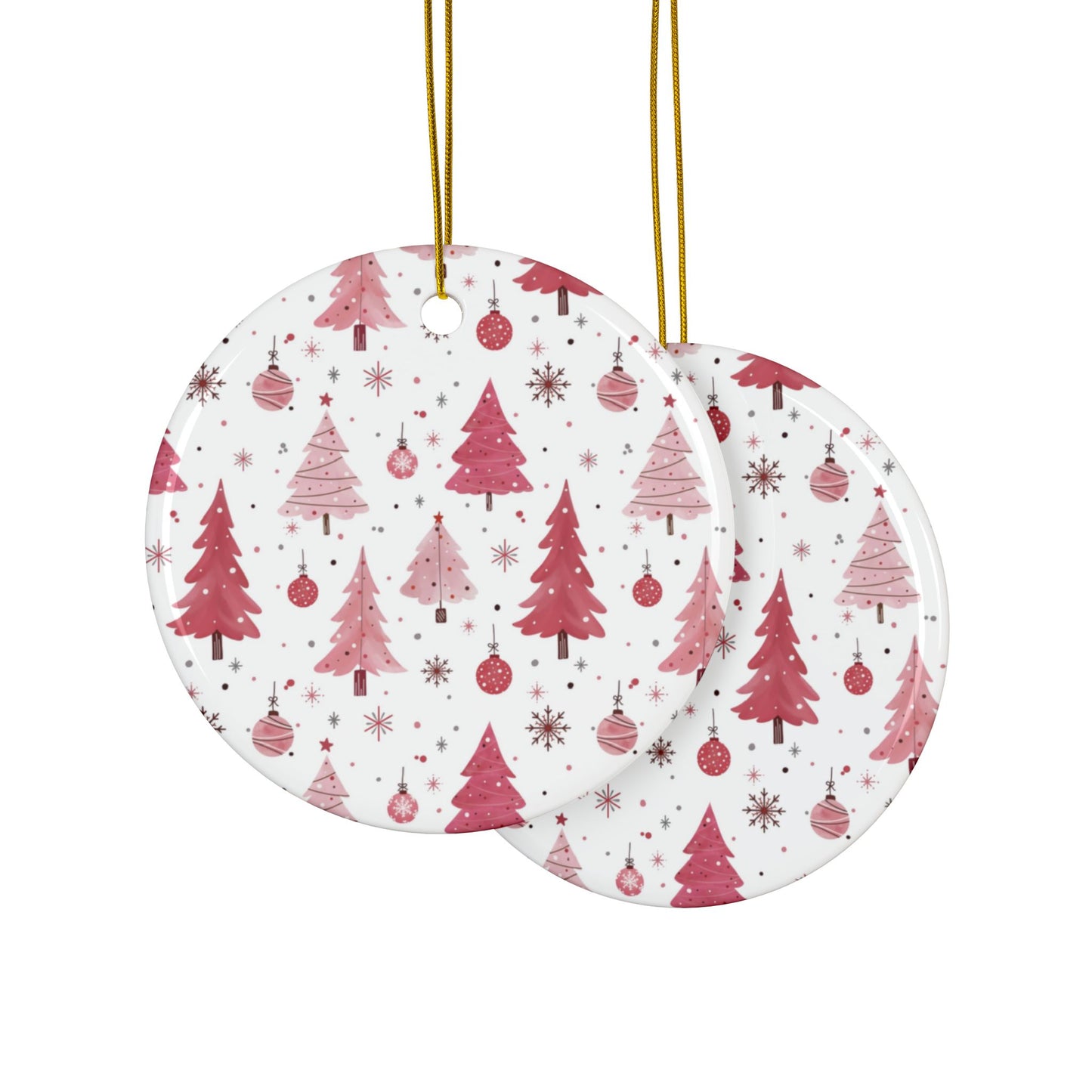 Christmas Ceramic Ornaments, Pink Theme Christmas Tree Ornaments, 2-Sided Print, Christmas Decor, Holiday Decoration