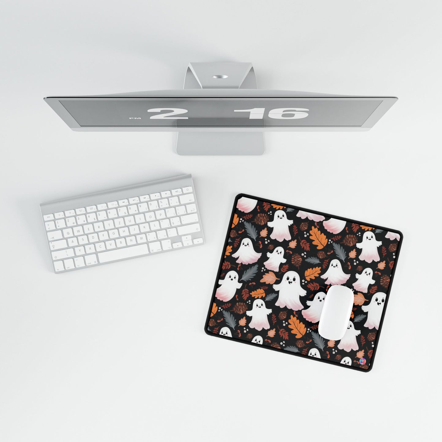 Mouse Pad, Fall Halloween Desk Mat with Autumn Leaves and Cute Happy Ghosts, Seasonal Office Decor, Autumn Desk Pad, Halloween Mousepad,