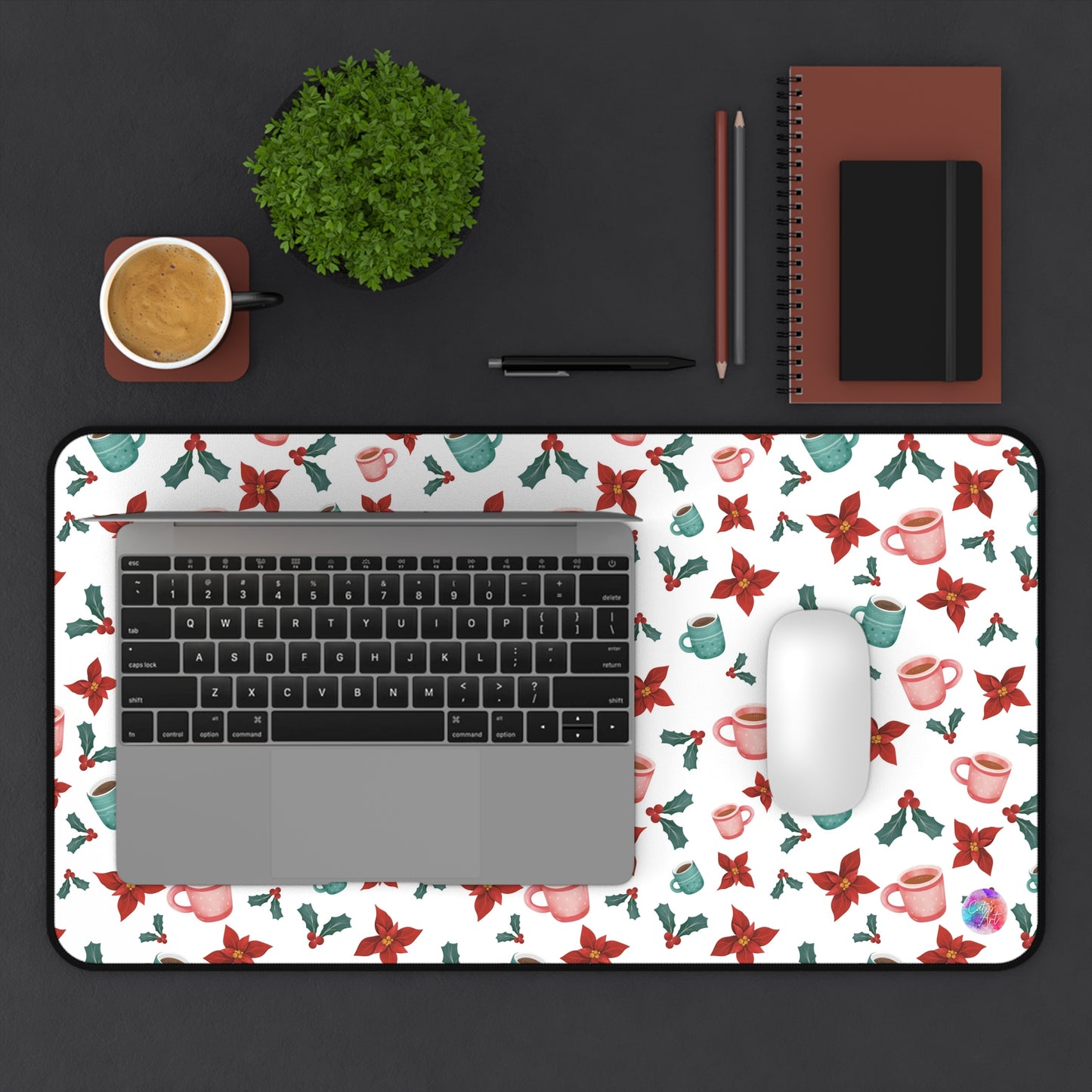 Christmas Desk Mat, Holiday Office Decor, Aesthetic Mousepad, Winter Mouse Pad, Xmas Poinsettia Table Mat