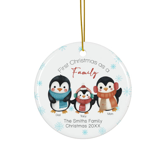 Ceramic Ornaments, Christmas Ornaments, First Christmas as a Family, Cute Penguins Illustration, Christmas Tree Decor, Holiday Ornament,