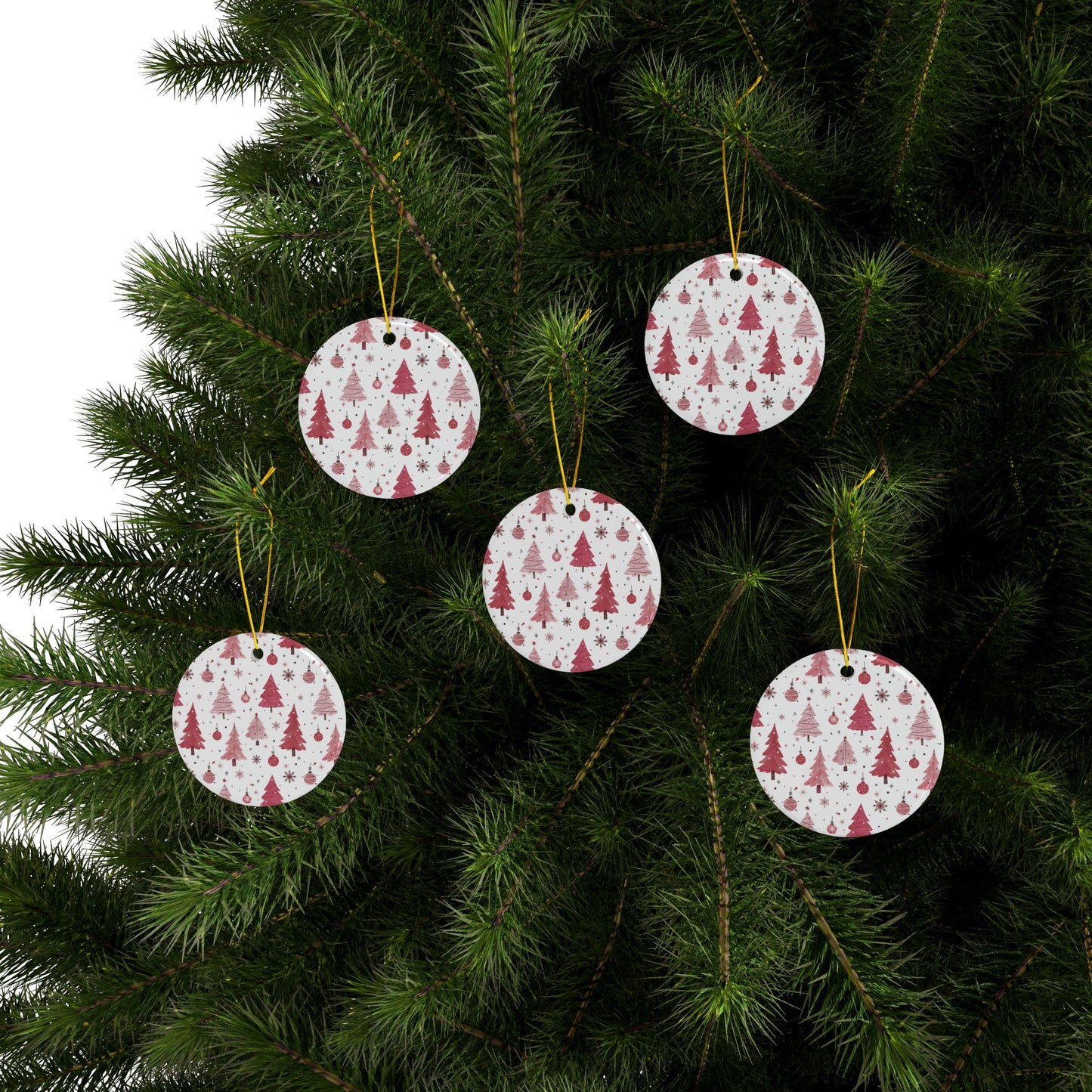 Christmas Ceramic Ornaments, Pink Theme Christmas Tree Ornaments, 2-Sided Print, Christmas Decor, Holiday Decoration