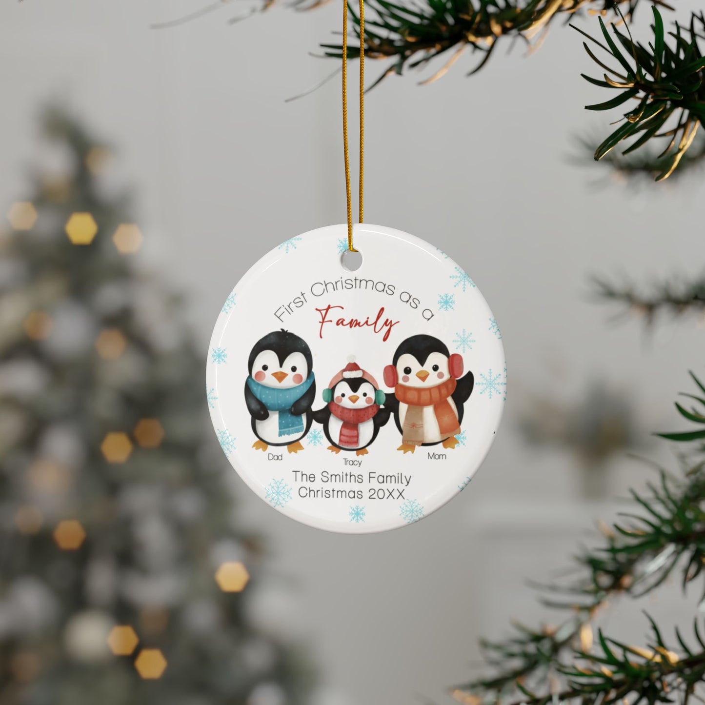 Ceramic Ornaments, Christmas Ornaments, First Christmas as a Family, Cute Penguins Illustration, Christmas Tree Decor, Holiday Ornament,