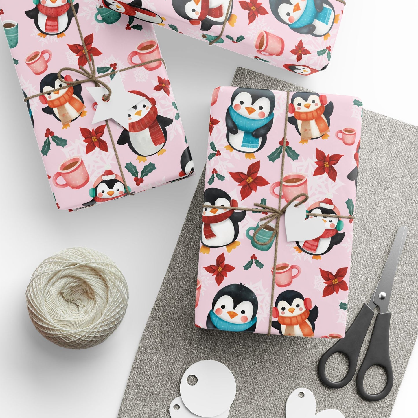 Pink Christmas Penguin Wrapping Papers, Holiday Gift Wrap, Cute Snowflake Decor, Festive Gift Packaging, Xmas Present Wrap