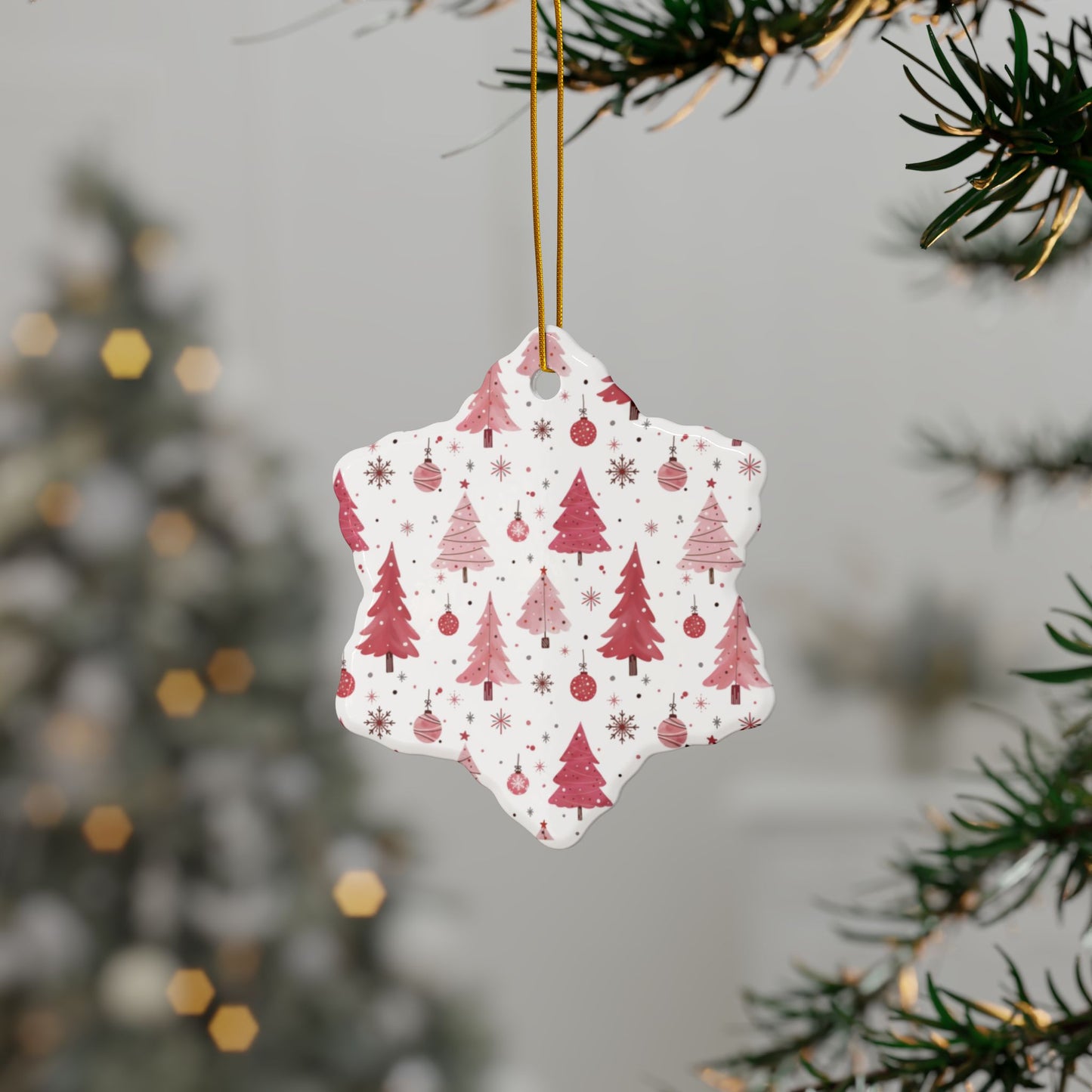 Christmas Ceramic Ornaments, Pink Theme Christmas Tree Ornaments, 2-Sided Print, Christmas Decor, Holiday Decoration