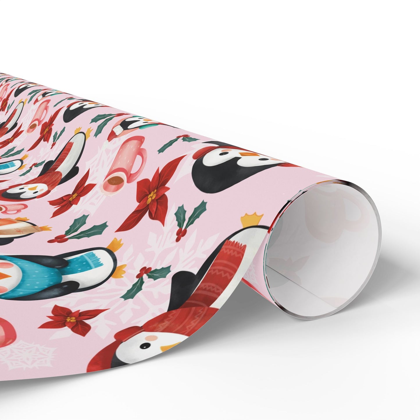 Pink Christmas Penguin Wrapping Papers, Holiday Gift Wrap, Cute Snowflake Decor, Festive Gift Packaging, Xmas Present Wrap