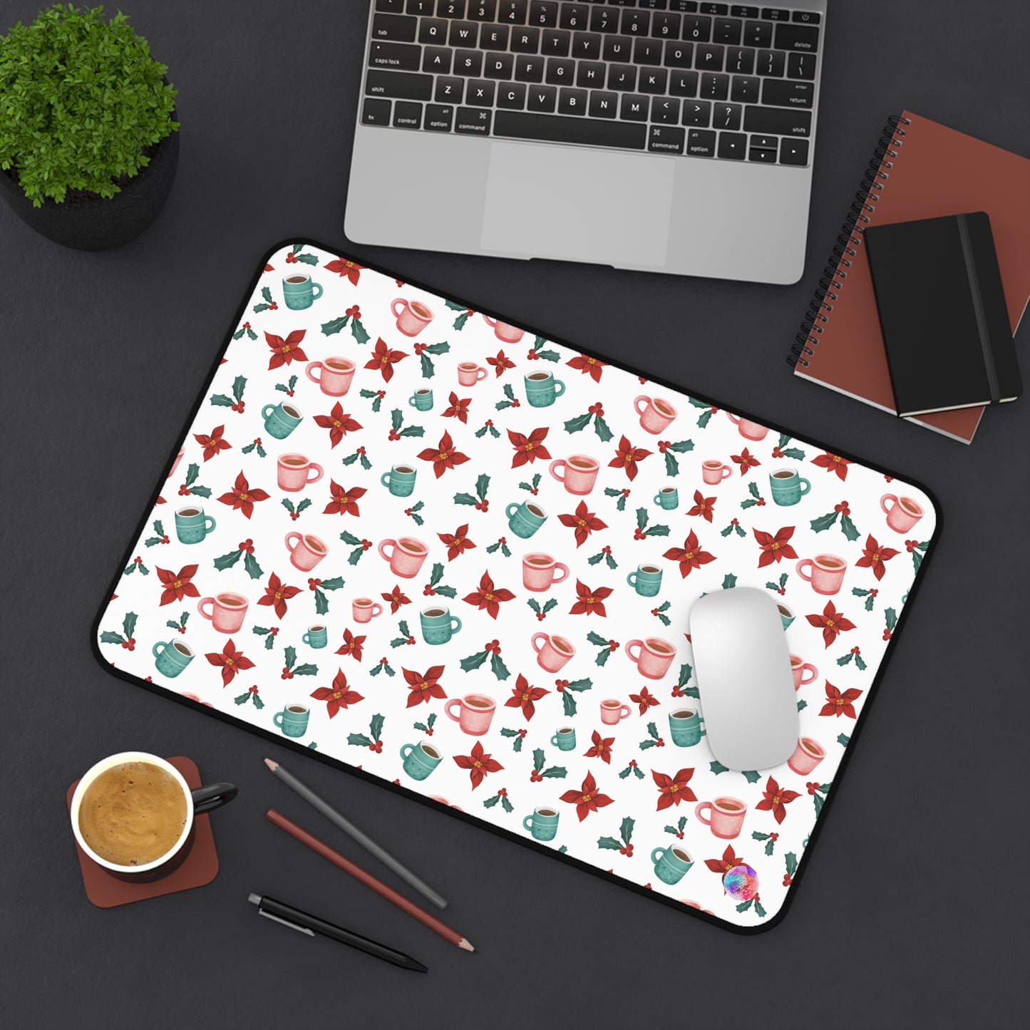 Christmas Desk Mat, Holiday Office Decor, Aesthetic Mousepad, Winter Mouse Pad, Xmas Poinsettia Table Mat