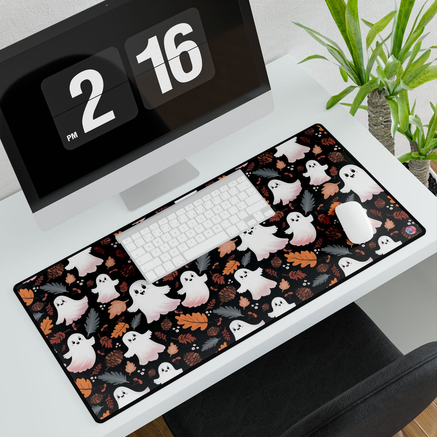 Mouse Pad, Fall Halloween Desk Mat with Autumn Leaves and Cute Happy Ghosts, Seasonal Office Decor, Autumn Desk Pad, Halloween Mousepad,