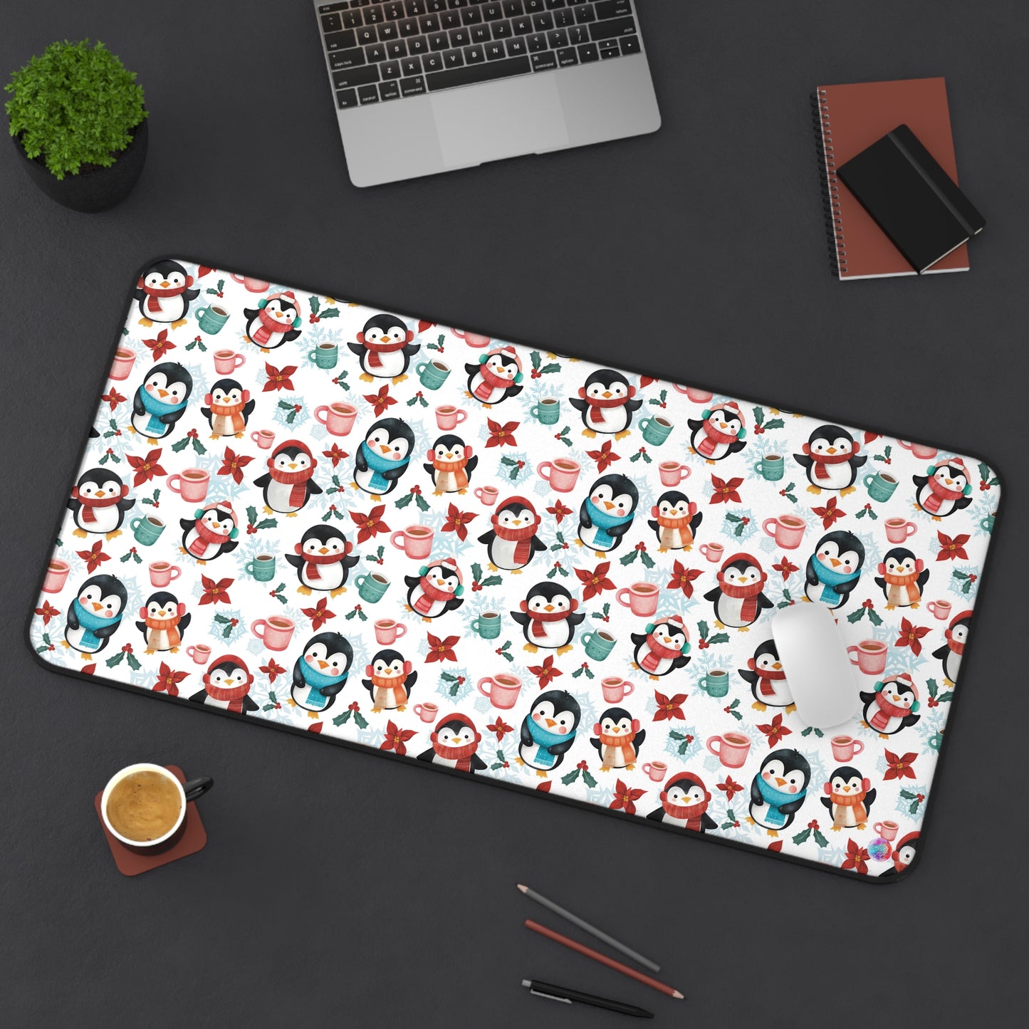 Christmas Desk Mat, Cozy Penguins Holiday Office Decor, Cute Winter Penguin Work Desk Accessory, Festive Mouse Pad, Stocking Stuffer