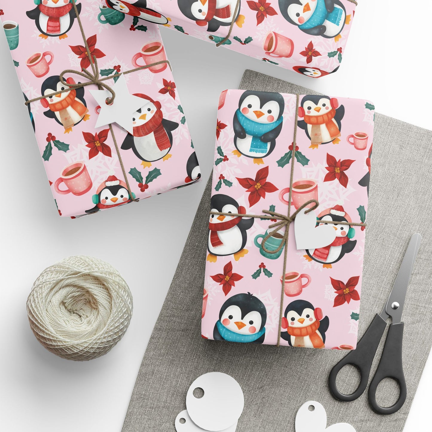 Pink Christmas Penguin Wrapping Papers, Holiday Gift Wrap, Cute Snowflake Decor, Festive Gift Packaging, Xmas Present Wrap