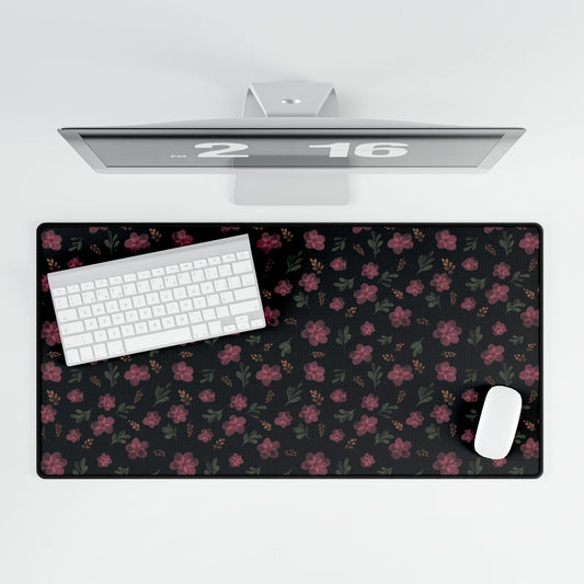 Black Floral Desk Mat, Floral Mouse Pad,  Aesthetic Pink and Black Floral Desk Mat