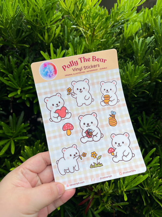Polly the Bear Vinyl Sticker Sheet – Glossy, Matte & Glitter Options | 18 Kiss-Cut Stickers