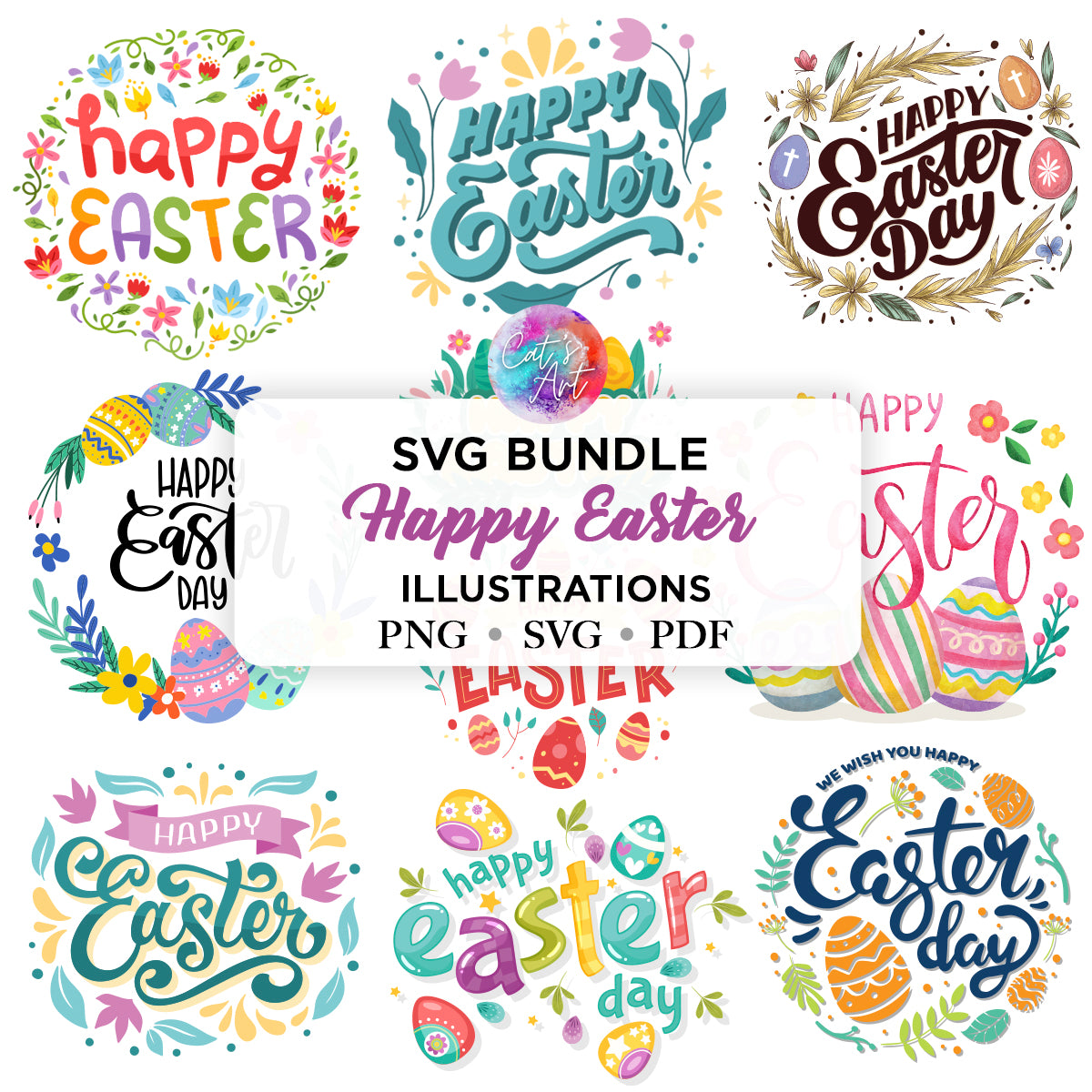 Happy Easter SVG, PNG Clipart | Cute Easter Illustrations for Cricut & Sublimation